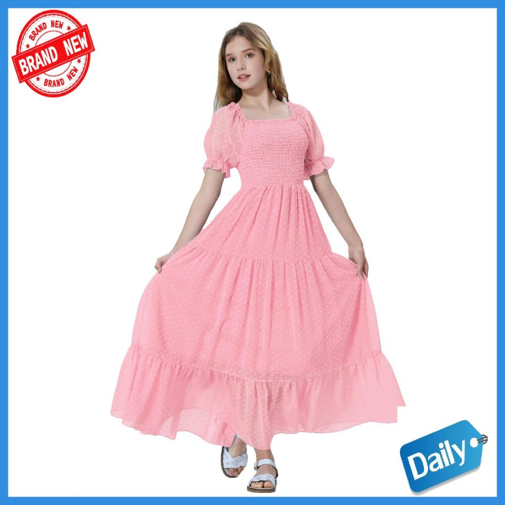 Girls Smocked Maxi Dress Swiss Dot A-Line Communion Flower Party